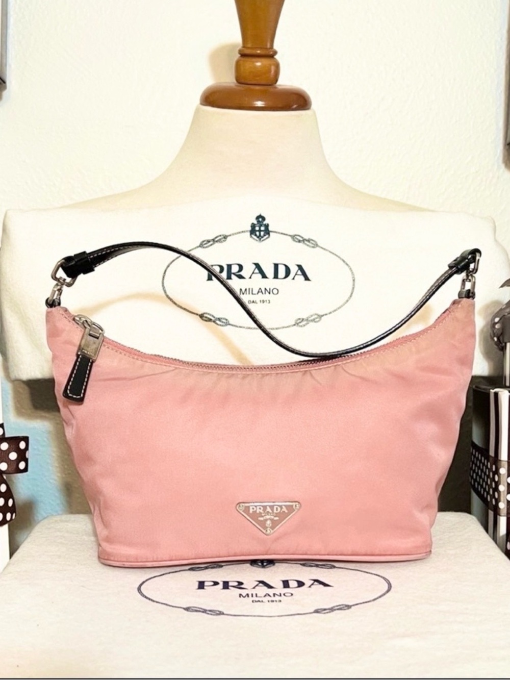 PRADA⭐️Blush Pink Tessuto Nylon Shoulder Bag with Black Leather accents!